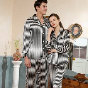 Matching Silk Pajamas Long Stripe Silk Pajama Set For Couples