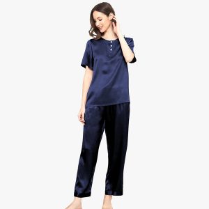 Womens Long Silk Pajama Set Button Front Henley Neckline Sleepwear Silk Set