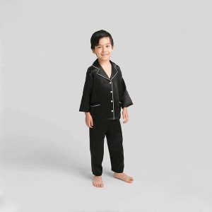 Boys Classic Silk Pajama Set with Piping Long Sleeve Button Down Silk Pajamas