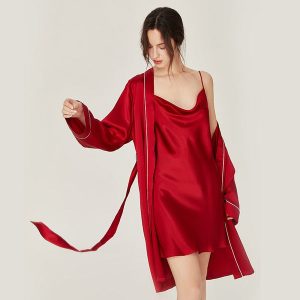 Womens Cowl Neck Silk Nightdress Contrast Piping Silk Robe Silk Two Piece Set