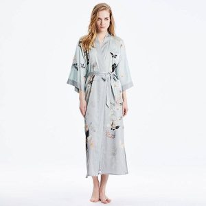 Womens Silk Kimono Butterfly Print Kimono Silk Wide Sleeves Silk Robe