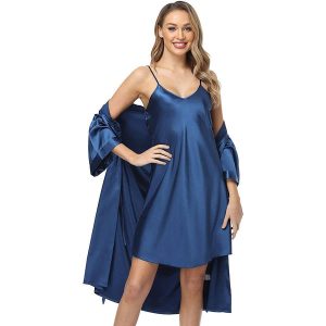 Matching Silk Nightgown Silk Robe Womens Lace Trim Silk Two Piece Set