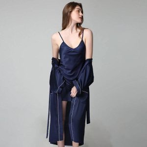 Womens Silk Slip Dress and Robe Set Contrast Trim Silk Two Piece Set