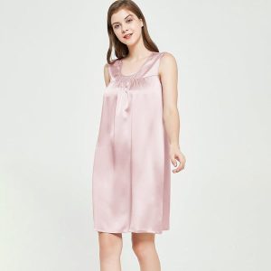 Womens Sleeveless Silk Nightgown Pleated Front Silk Night Gowns